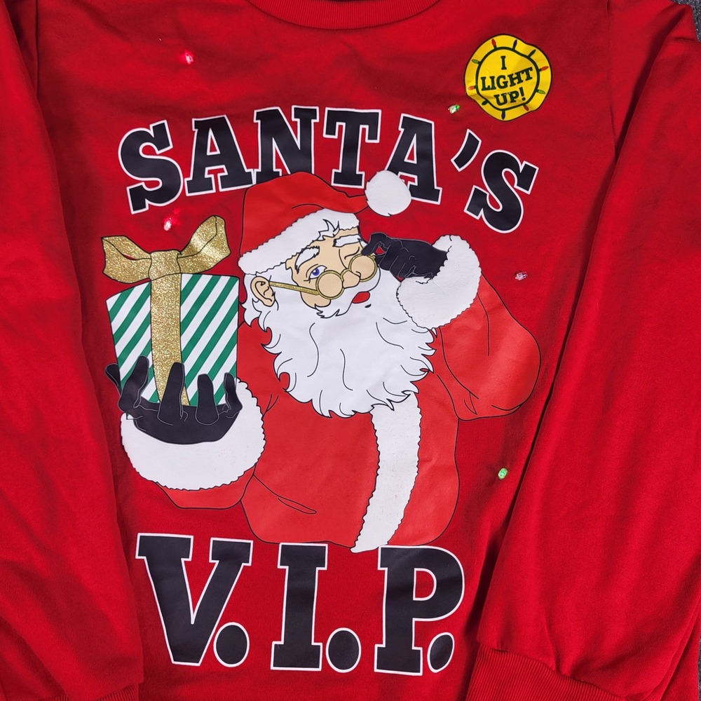 Holiday Time Mens XL Santa VIP Light Up Ugly Christmas Sweater Red Fleece NWT - Picture 2 of 8